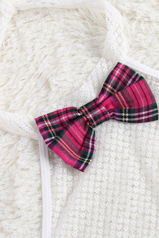 White fishnet Avidlove bodysuit with pink plaid bow detail. Sexy lingerie set element, detail view.