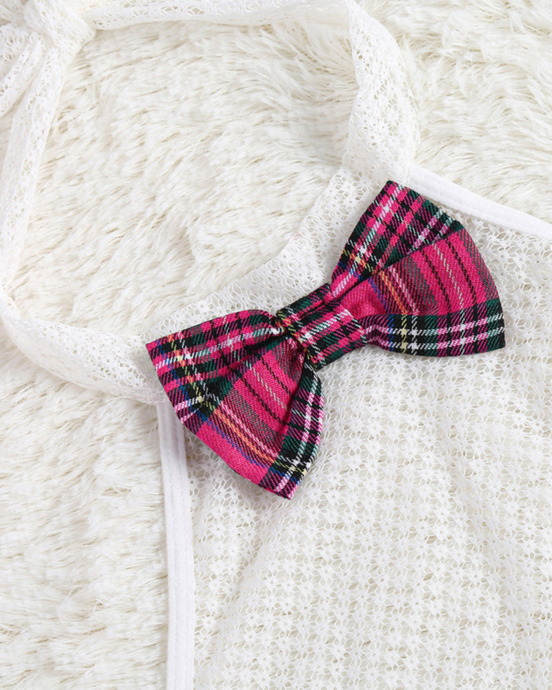 White fishnet Avidlove bodysuit with pink plaid bow detail. Sexy lingerie set element, detail view.