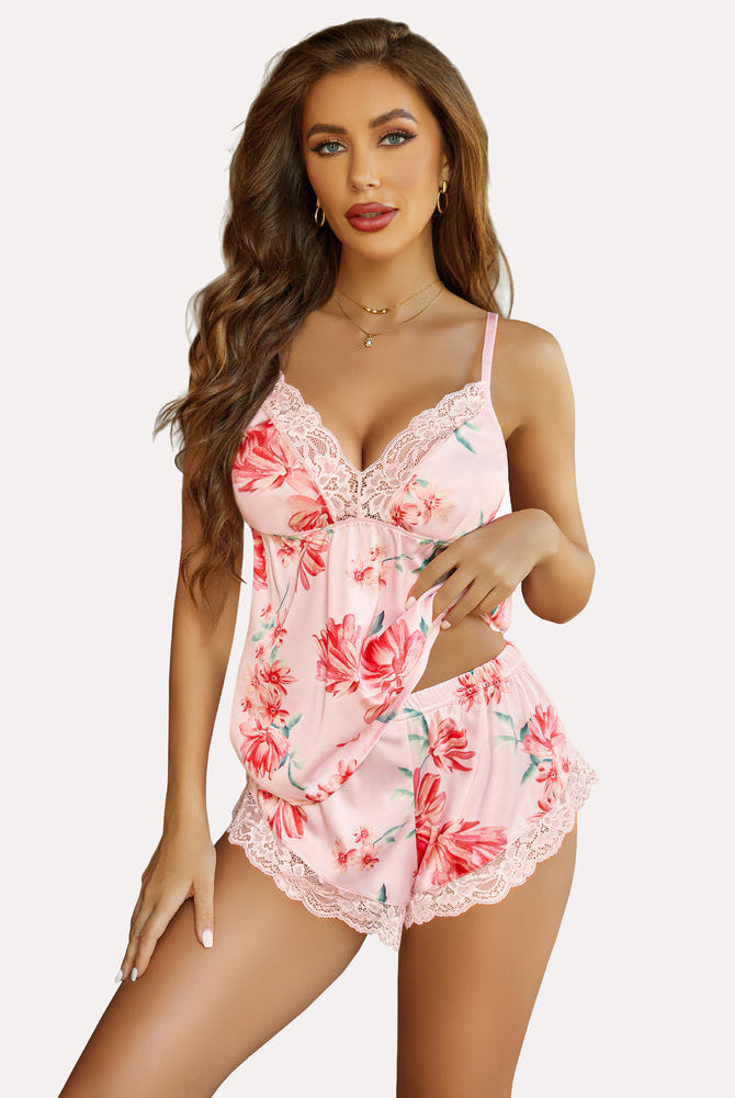 Pink floral satin pajamas with lace trim. Sexy lingerie for women, soft and comfortable.
