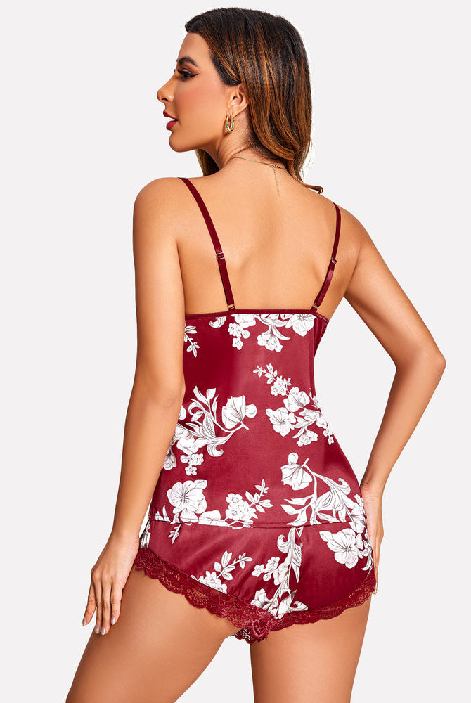 Burgundy floral satin pajama set with lace trim. Avidlove lingerie, perfect for a romantic night.
