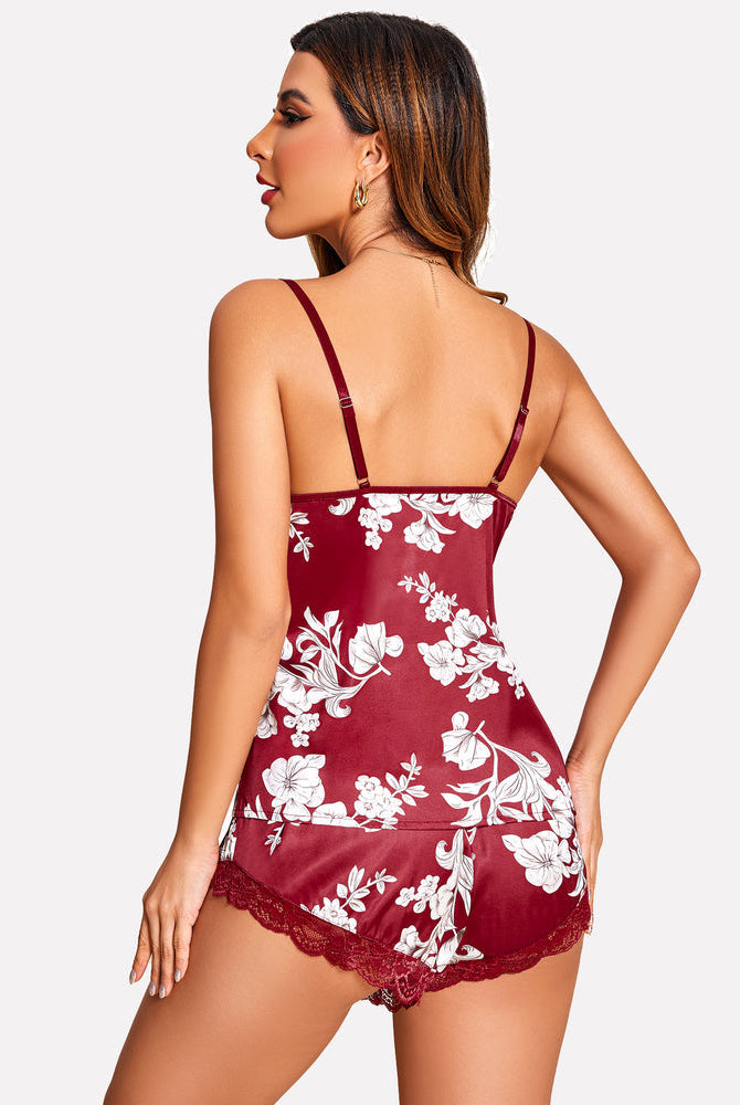 Avidlove burgundy floral satin pajama set with lace trim