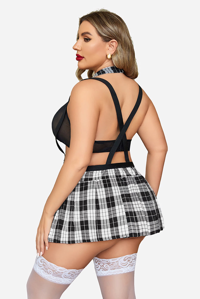 Plus size plaid lingerie set with suspenders: Mini skirt, mesh top, choker. Sexy lingerie.