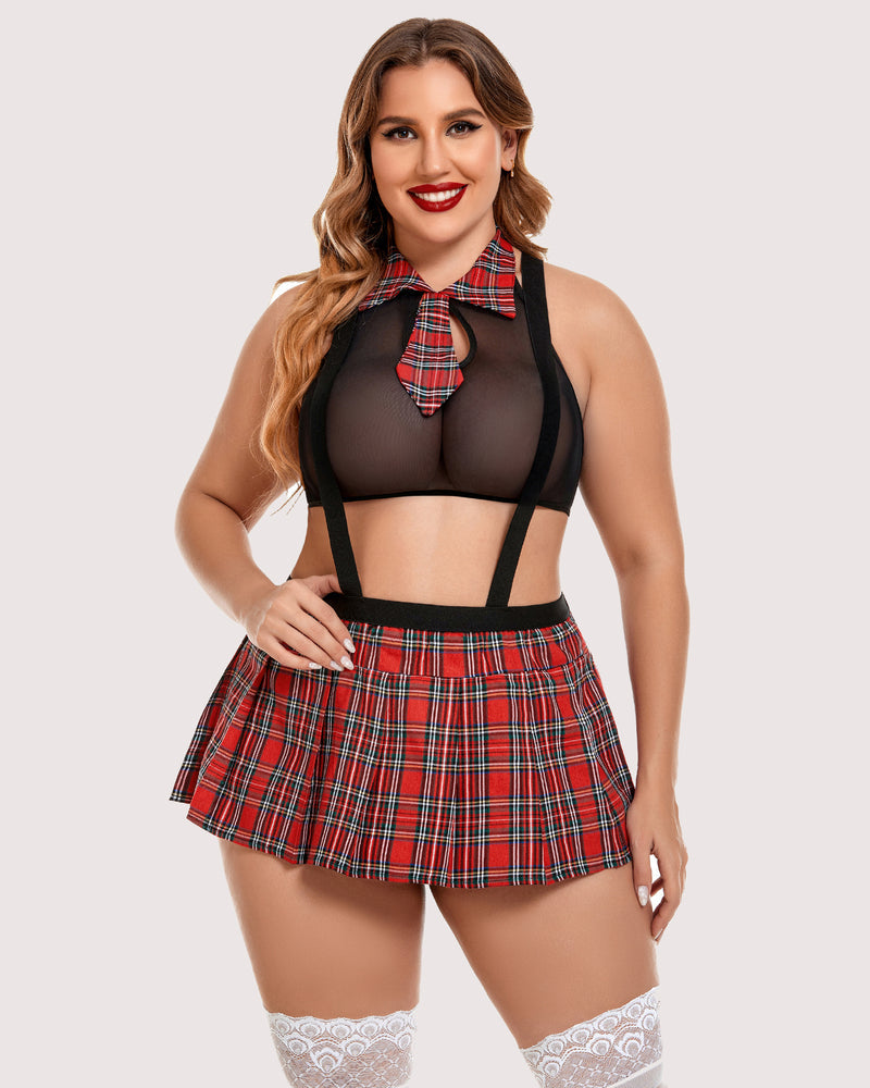 Plus size plaid lingerie set: mesh top, mini skirt with suspenders, and tie. Comfortable and sexy.