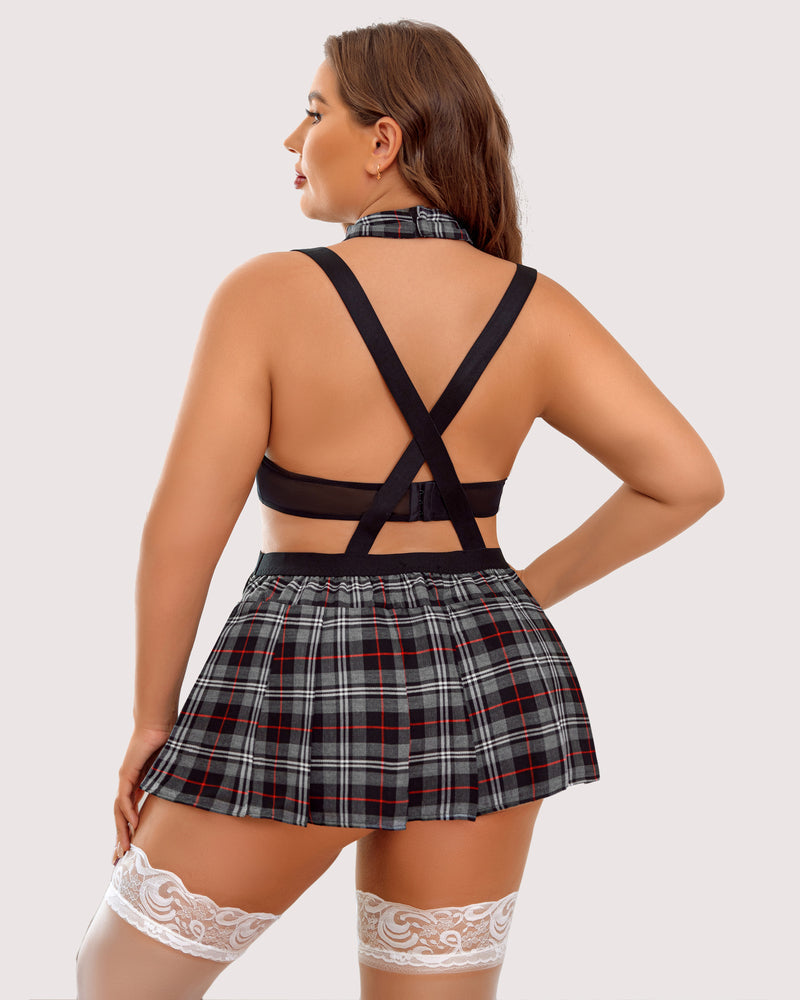 Plus size plaid lingerie set with mini skirt, suspenders, plaid tie. Thigh highs included.