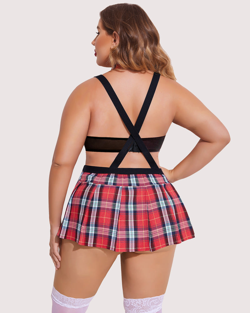 Plus size plaid lingerie set with suspenders and mini skirt. Sexy and comfortable.