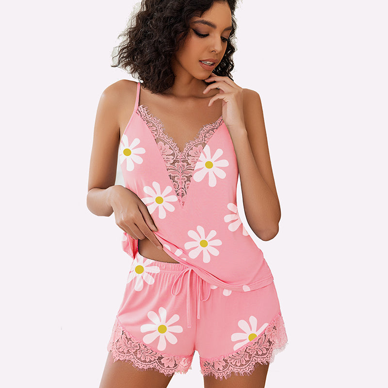Pink daisy print pajama set for women. Lace trim camisole top and shorts. Avidlove lingerie.