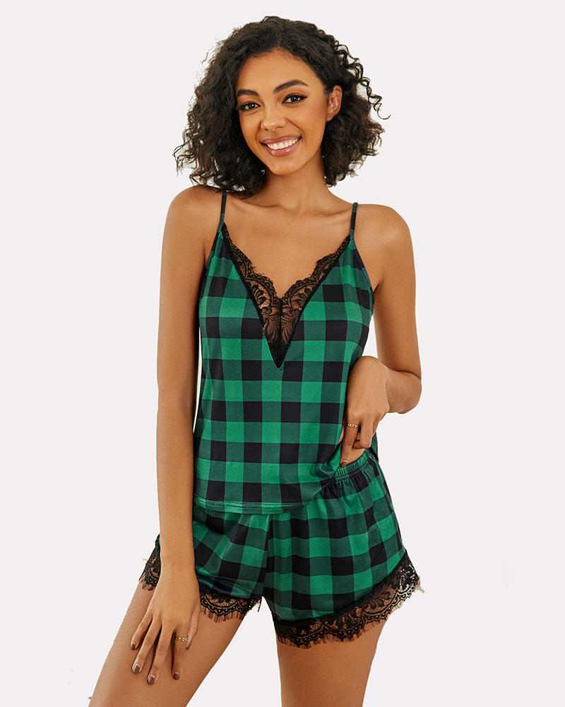 Avidlove green plaid pajama set with black lace trim. Comfortable, sexy sleepwear.
