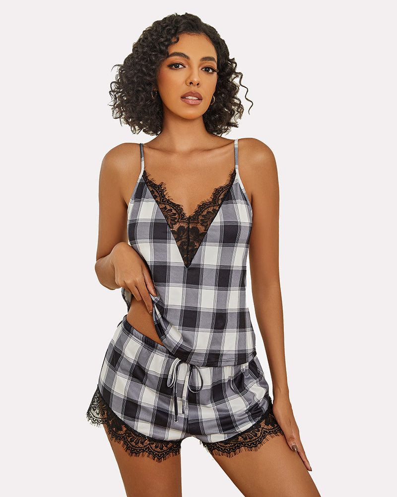 Avidlove plaid pajama set with black lace trim. Comfortable and sexy sleepwear for women.