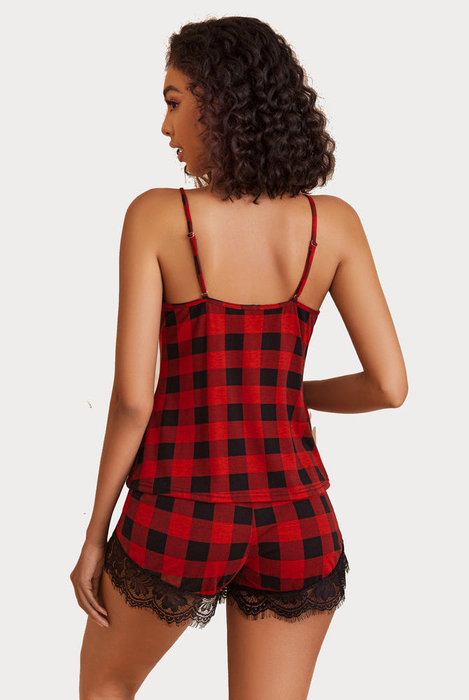 Avidlove red plaid pajama set with black lace trim, V-neck cami and shorts sleepwear.