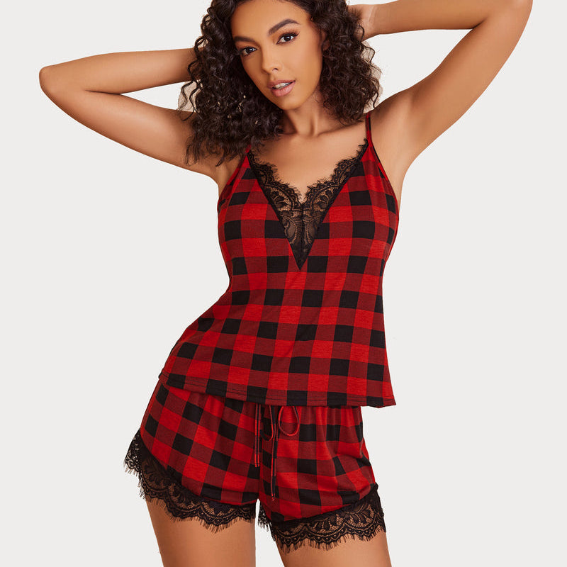 Avidlove red plaid pajama set with black lace trim, V-neck cami and shorts sleepwear