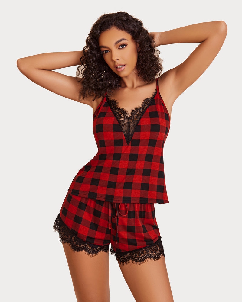 Avidlove red plaid pajama set with black lace trim, V-neck cami and shorts sleepwear