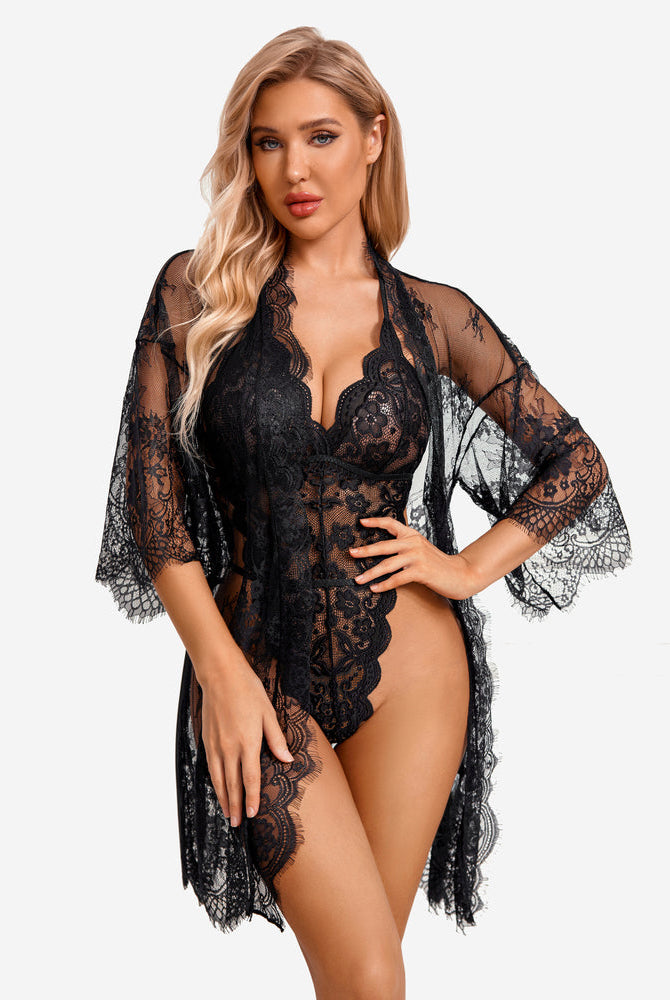 Avidlove black lace robe and teddy set, butterfly sleeves, sensual lingerie, elegant design.