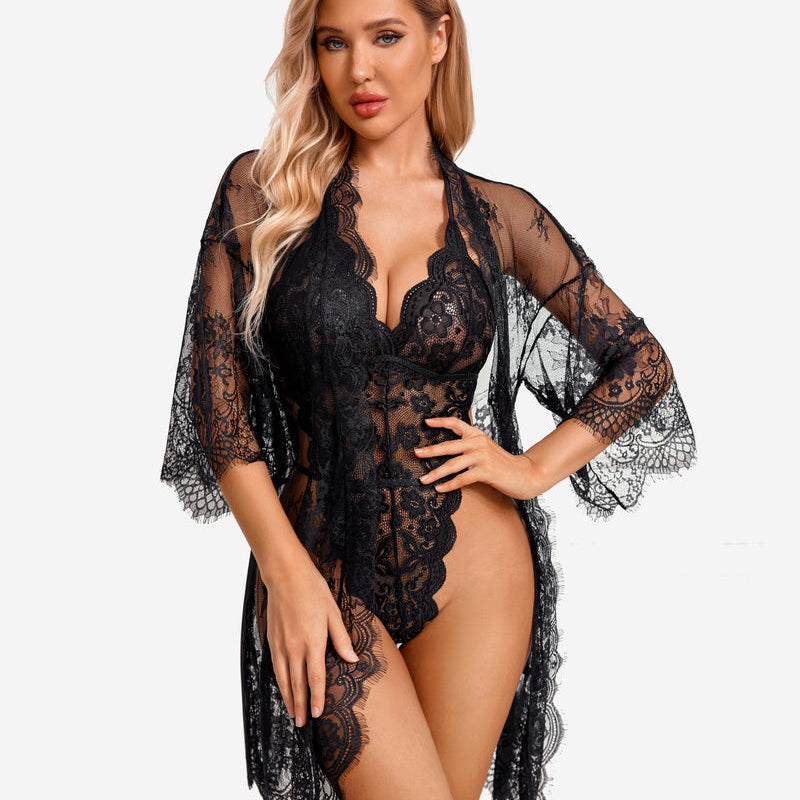 Avidlove black lace robe and teddy set, butterfly sleeves, sensual lingerie, elegant design.