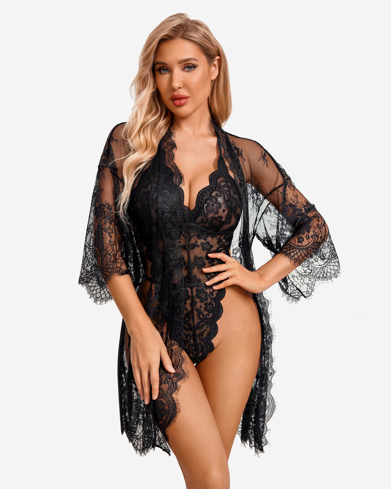 Avidlove black lace robe and teddy set, butterfly sleeves, sensual lingerie, elegant design.