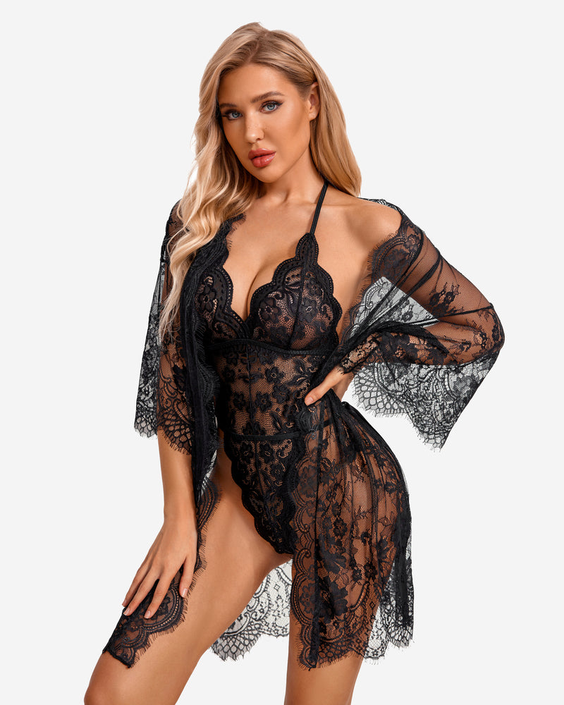Avidlove black lace robe and teddy set, butterfly sleeves, elegant design, sensual lingerie.