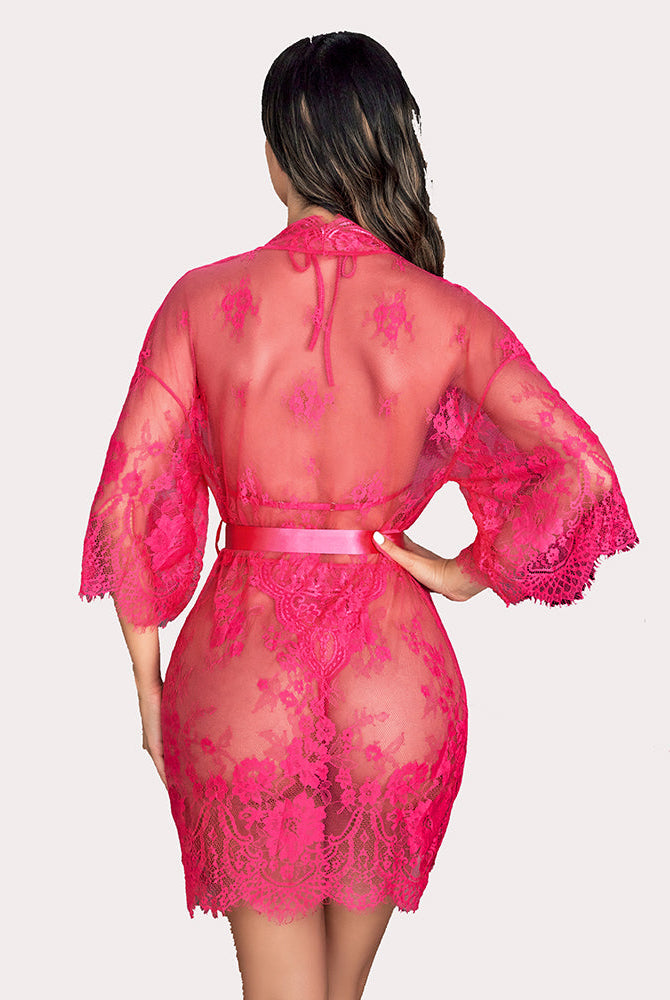 Fuchsia lace robe and teddy set by Avidlove, featuring butterfly sleeves and elegant design