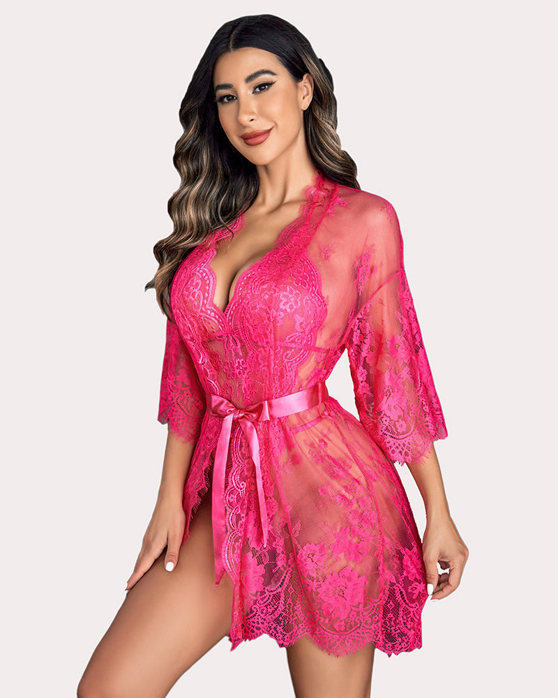 Fuchsia lace robe and teddy set by Avidlove, featuring butterfly sleeves and elegant scalloped trim