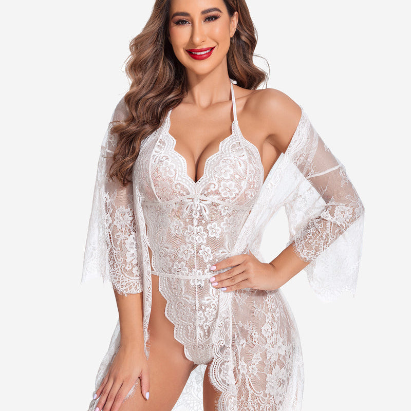 Avidlove white lace robe and teddy set, butterfly sleeves, confident style lingerie.