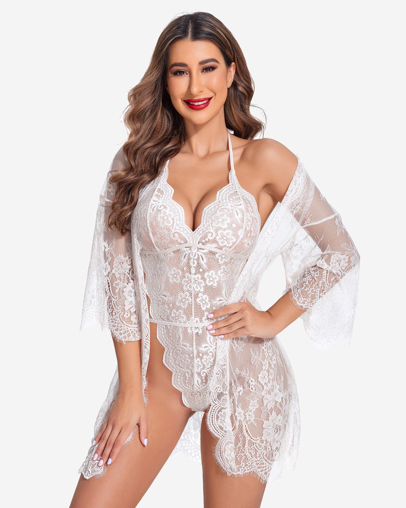 Avidlove white lace robe and teddy set, butterfly sleeves, confident style lingerie.