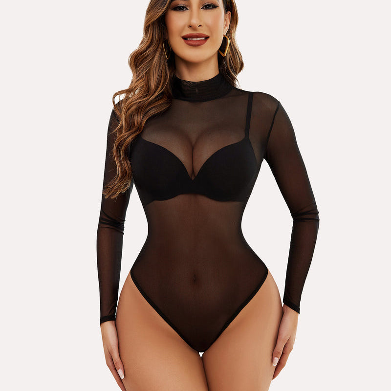 Avidlove Black Sheer Mesh Bodysuit with Long Sleeves and Turtleneck