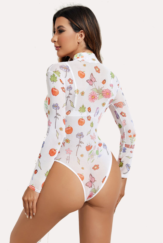 White floral mesh bodysuit with turtleneck, 'BEAUTY' print; a sexy leotard for women