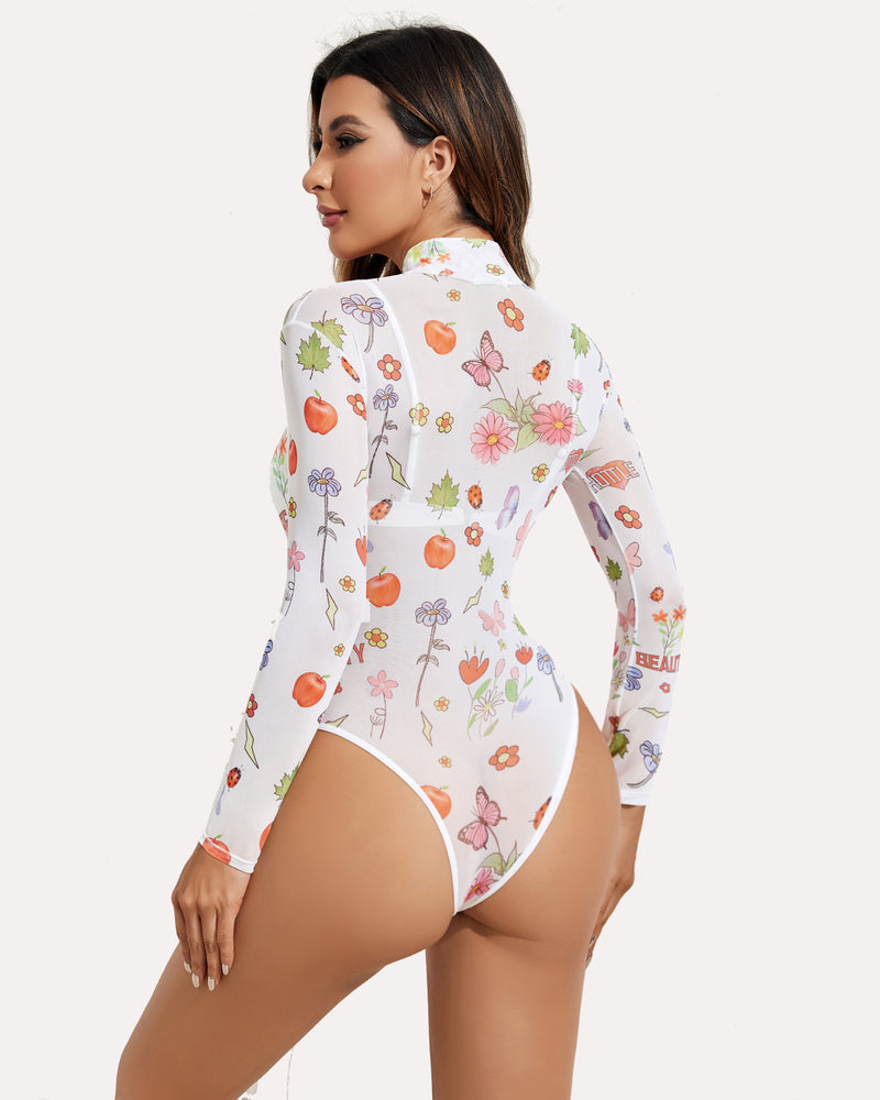 White floral mesh bodysuit with turtleneck, 'BEAUTY' print; a sexy leotard for women