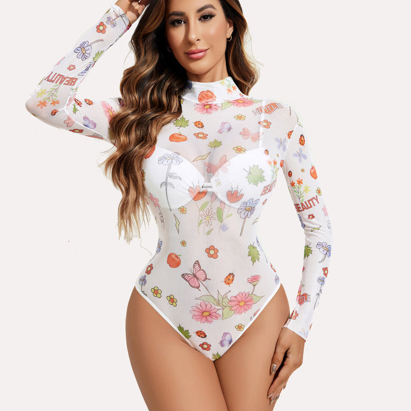 Long Sleeve Floral Turtleneck Sheer Bodysuit with "BEAUTY" print - Avidlove