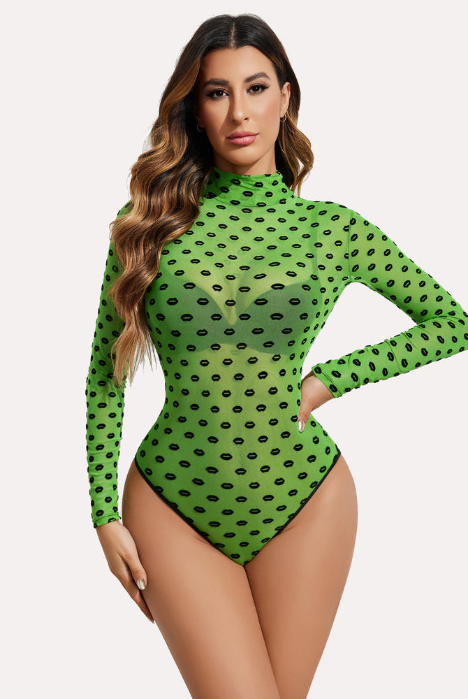Green mesh bodysuit with black lip pattern; turtleneck and long sleeves; sexy lingerie for women.