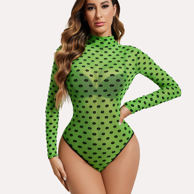 Lime green sheer bodysuit with black lip pattern, long sleeves, and turtleneck by Avidlove