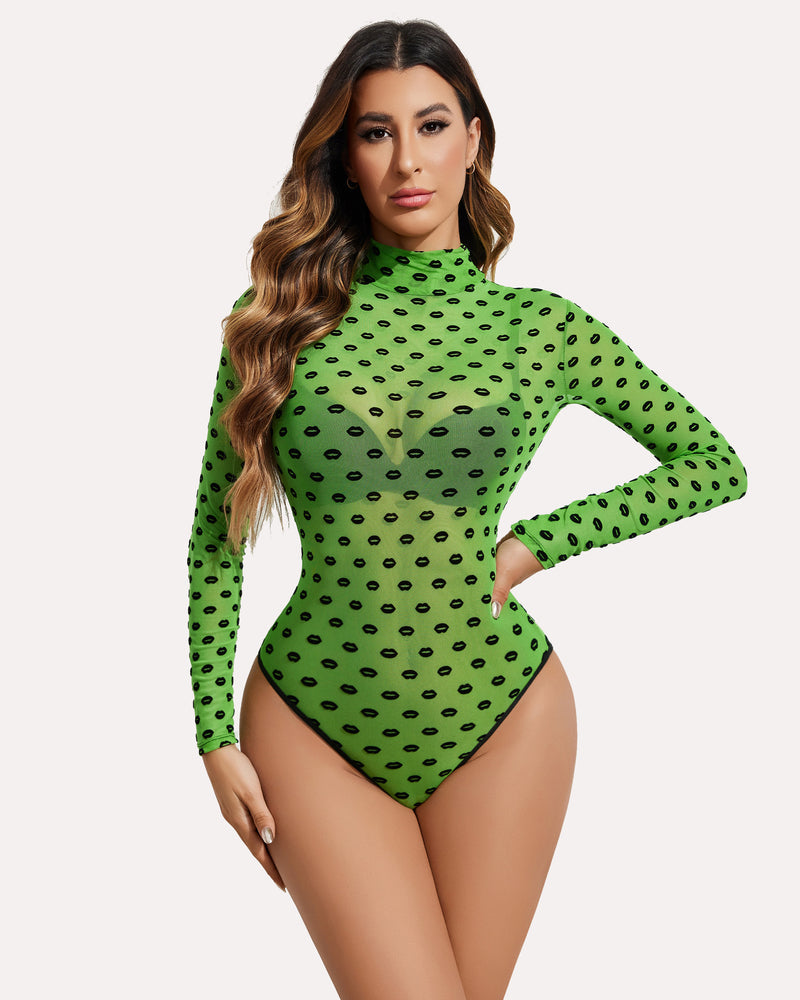 Lime green sheer bodysuit with black lip pattern, long sleeves, and turtleneck by Avidlove