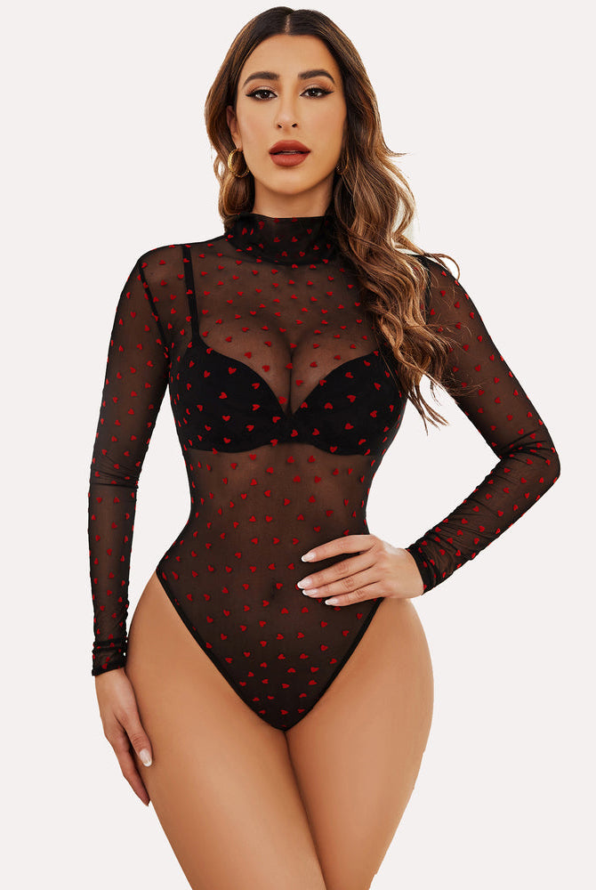 Black sheer mesh bodysuit with red heart pattern and turtleneck. Long sleeve lingerie by Avidlove.