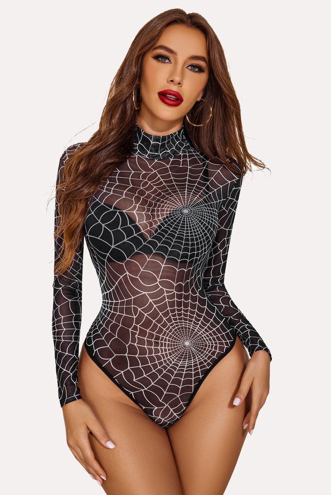 Avidlove black sheer mesh bodysuit with white spiderweb pattern, turtleneck, long sleeves lingerie