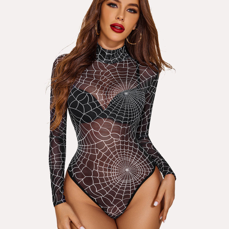 Avidlove black sheer mesh bodysuit with white spiderweb pattern, turtleneck, long sleeves lingerie