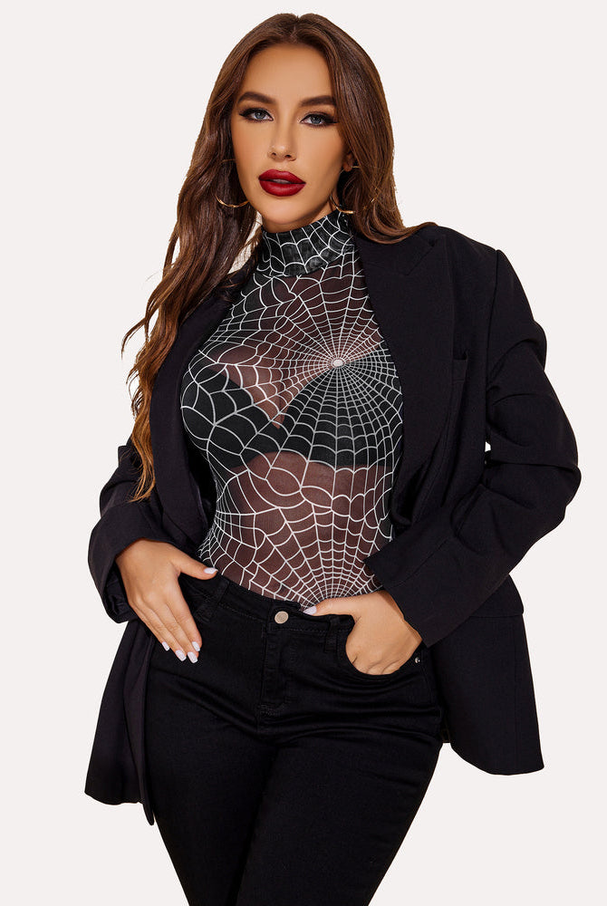 Spiderweb mesh bodysuit with turtleneck, black blazer and jeans. Sexy lingerie for women. Avidlove.