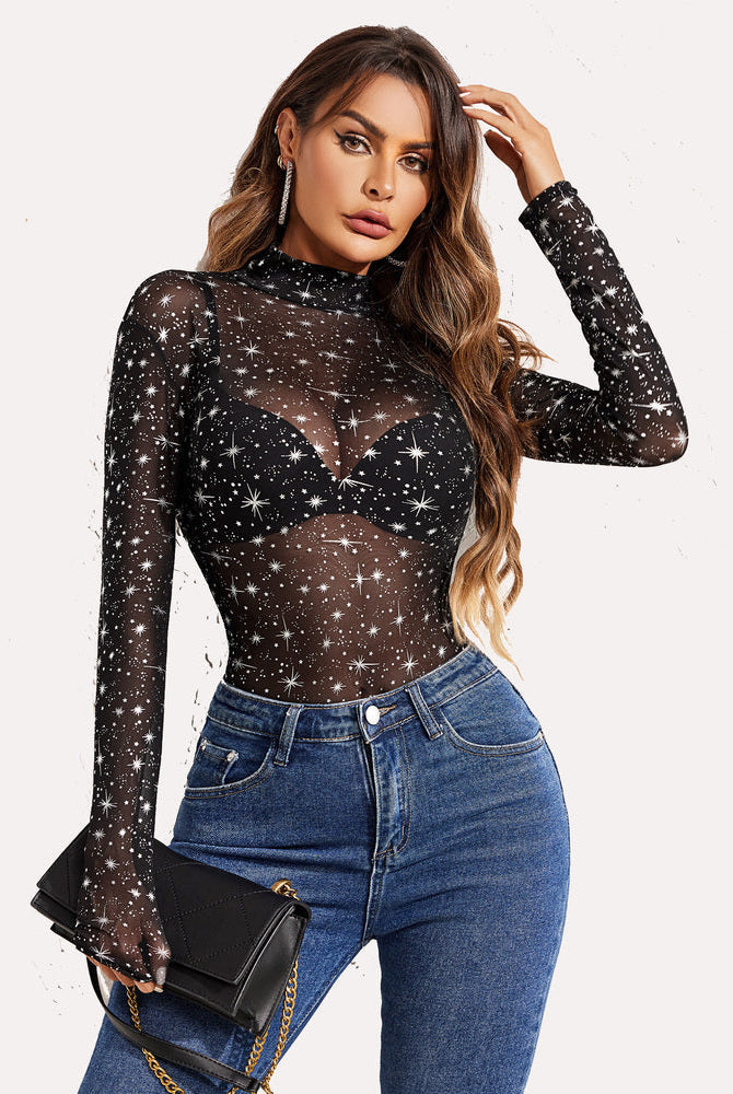 Avidlove black sheer star pattern turtleneck bodysuit. Sensual lingerie for women.