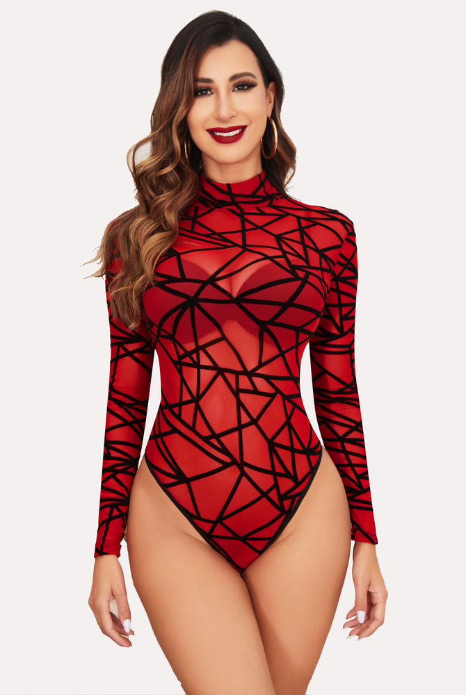 Red mesh bodysuit with geometric pattern; sexy lingerie for women