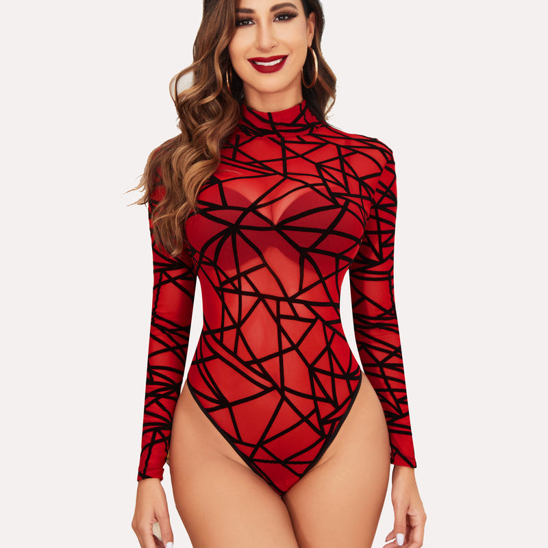 Red mesh bodysuit with geometric pattern; sexy lingerie for women