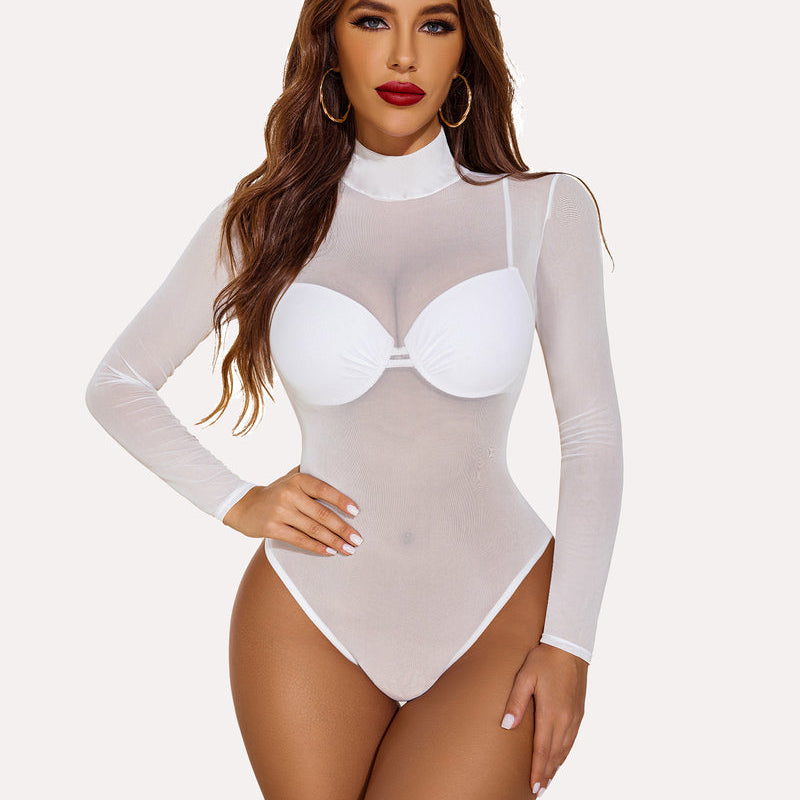 White sheer mesh bodysuit, turtleneck, long sleeves; sexy lingerie for women, Avidlove