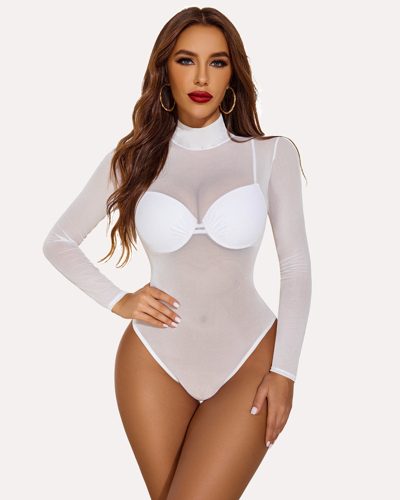 White sheer mesh bodysuit, turtleneck, long sleeves; sexy lingerie for women, Avidlove