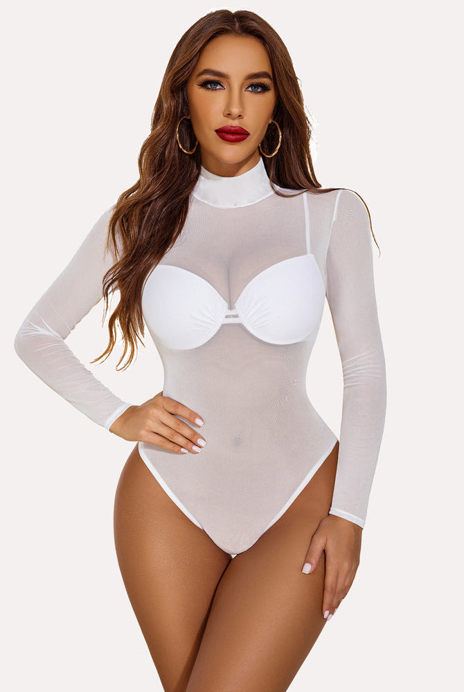 Avidlove Long Sleeve Sheer Bodysuit - White Mesh Turtleneck Lingerie