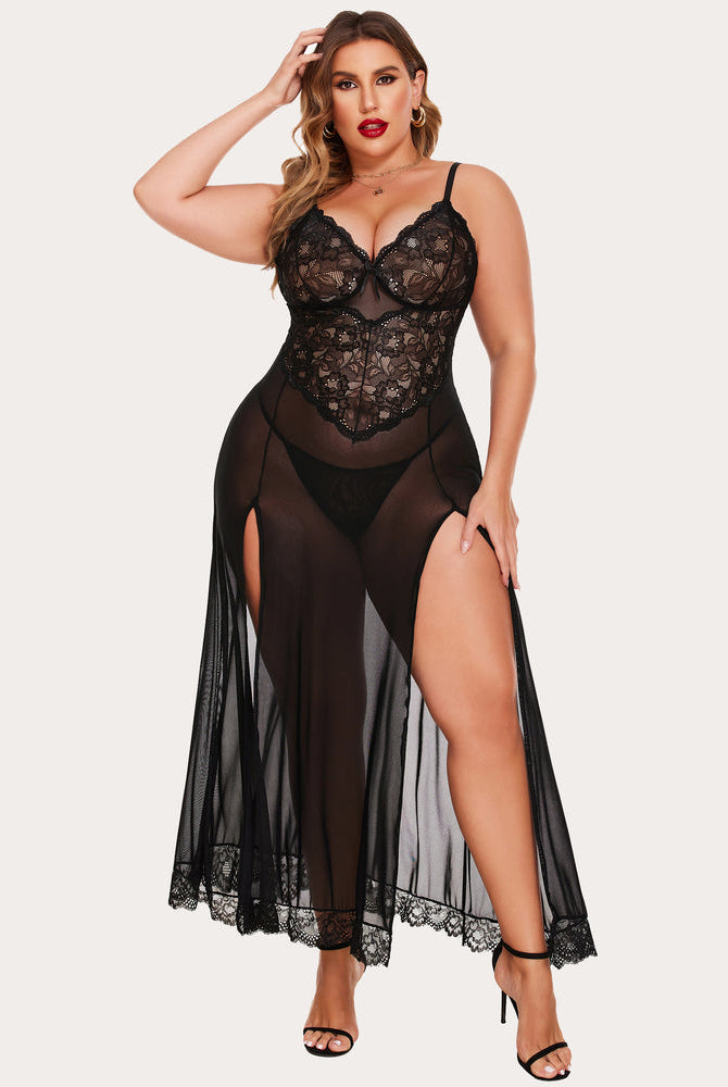 Plus Size Black Lace Nightdress with Side Slits