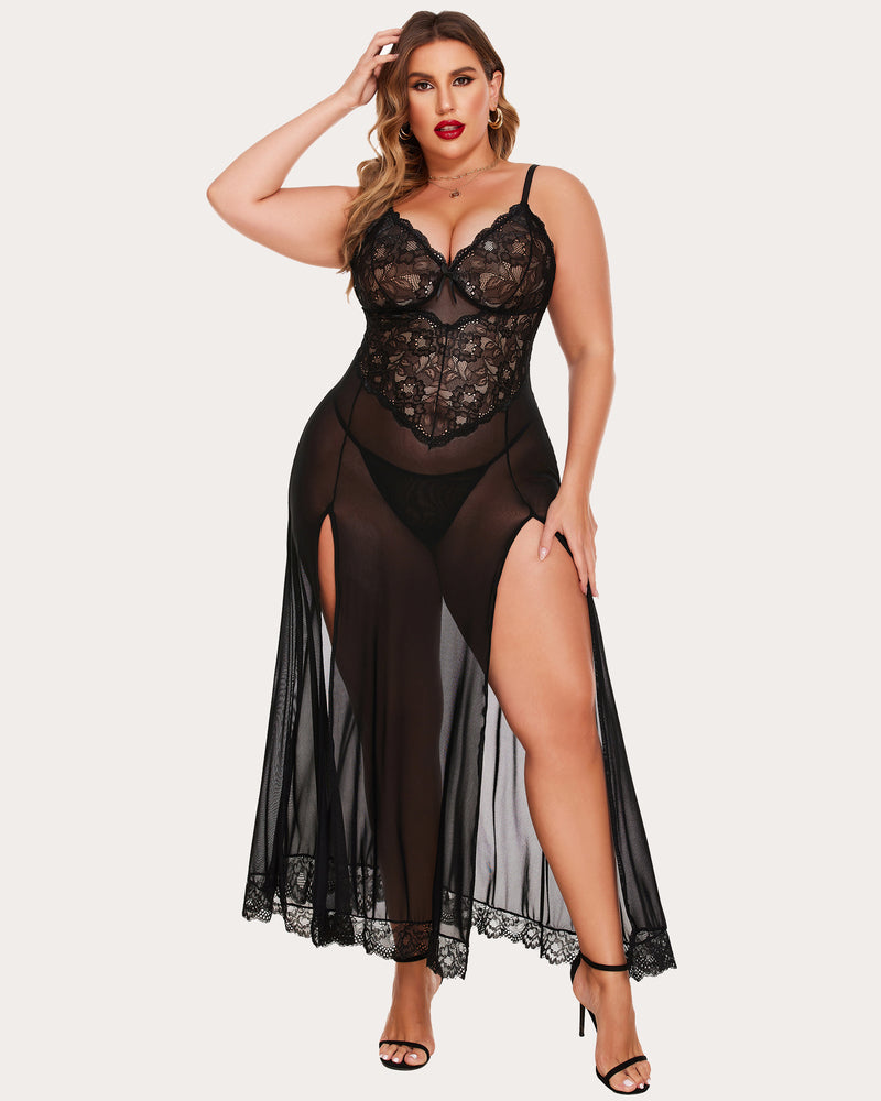 Plus Size Black Lace Nightdress with Side Slits
