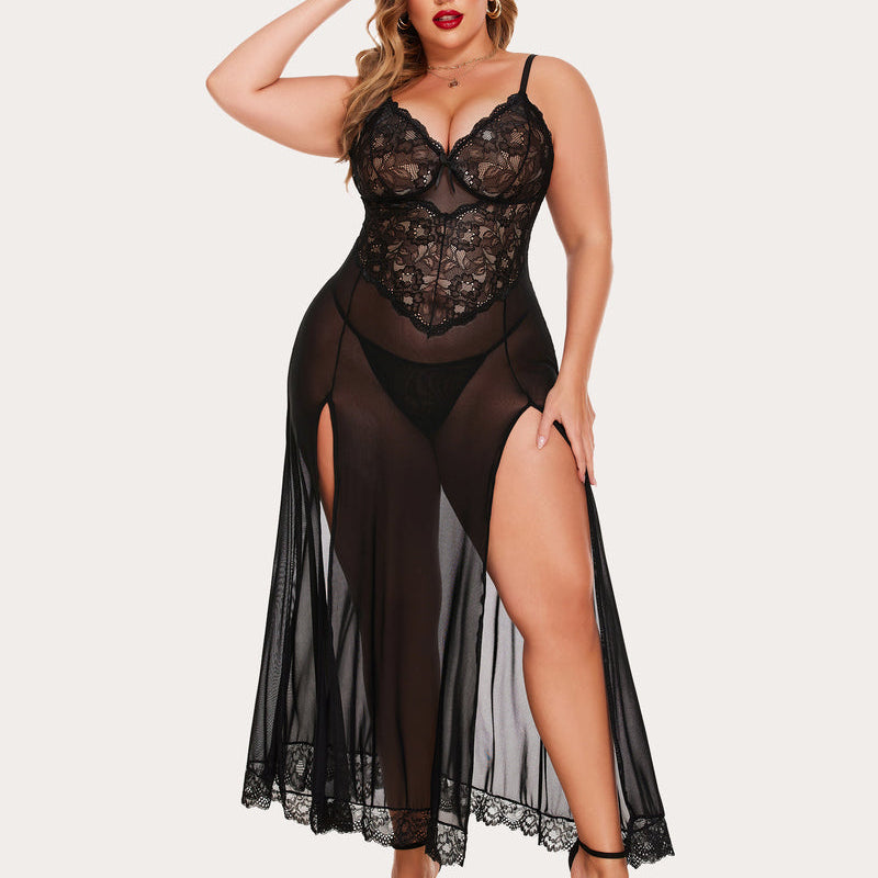 Plus size black mesh maxi dress with side slits, floral lace cups, and adjustable straps