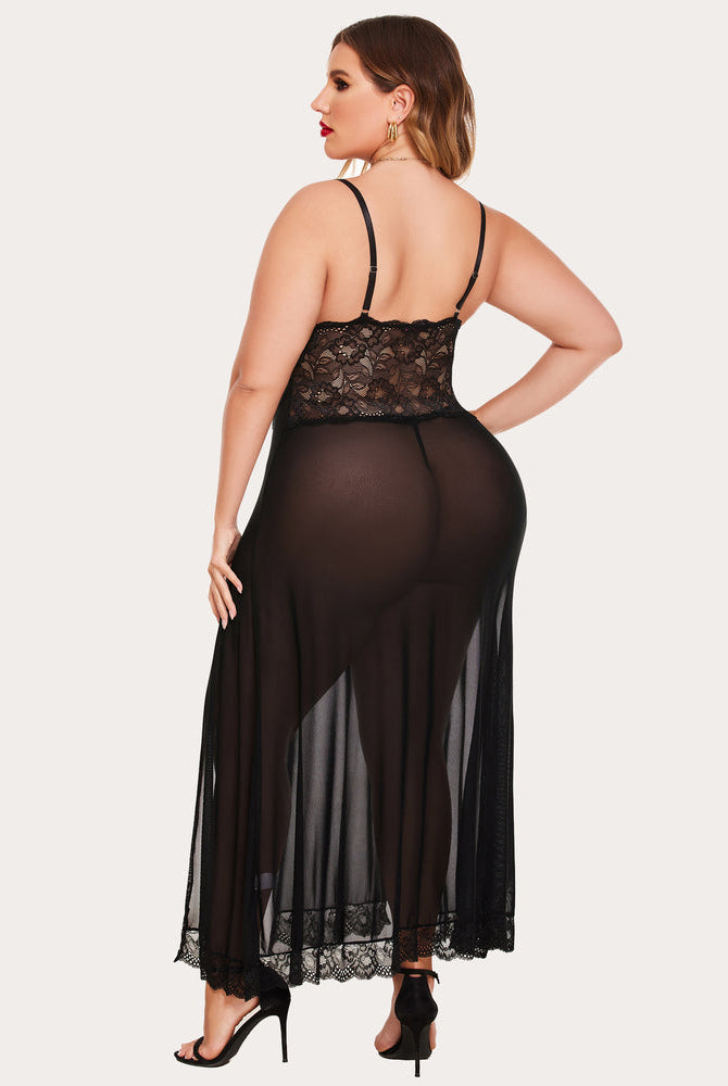 Plus Size Black Nightdress with Lace Bodice and Sheer Skirt