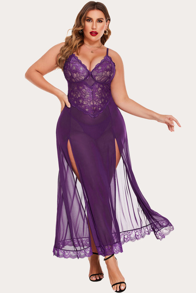 Plus size purple nightdress with lace bodice, side slits, and sheer skirt, perfect for curvy women.