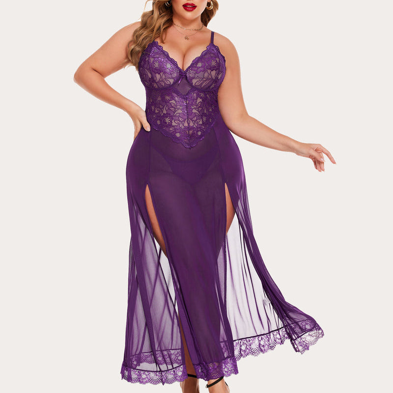 Plus size purple nightdress with lace bodice, side slits, and sheer skirt, perfect for curvy women.