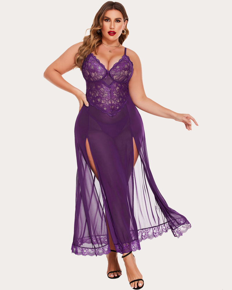 Plus size purple mesh maxi dress with lace cups, side slits, and adjustable straps. Sexy lingerie
