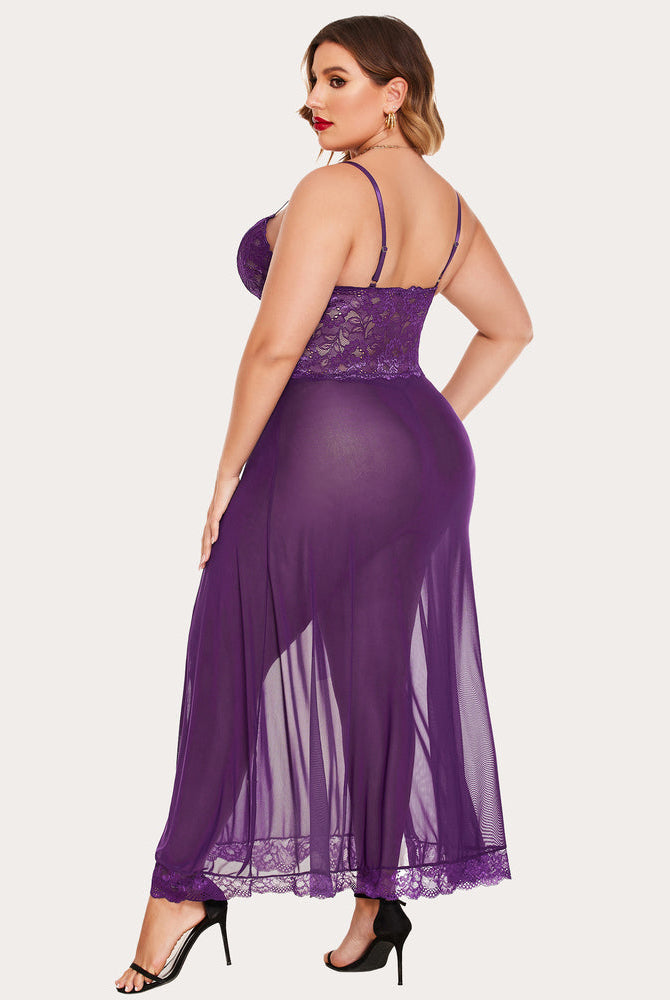 Plus Size Purple Nightdress with Lace Bodice and Side Slits