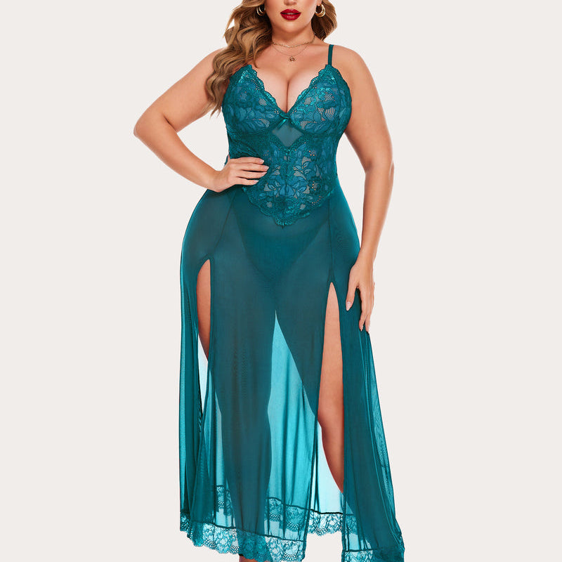 Plus Size Teal Nightdress with Lace Bodice, Side Slits