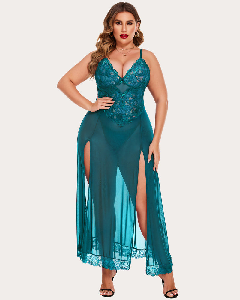 Plus Size Teal Nightdress with Lace Bodice, Side Slits